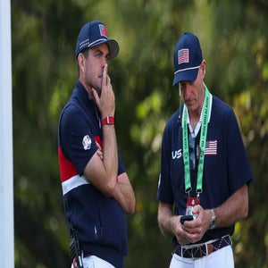 Captain Keegan Bradley of Team United States and vice captain Jim Furyk look on from the eighth hole during the Saturday morning foursomes matches of the 2025 Ryder Cup at Black Course at Bethpage State Park Golf Course on September 27, 2025 in Farmingdale, New York.