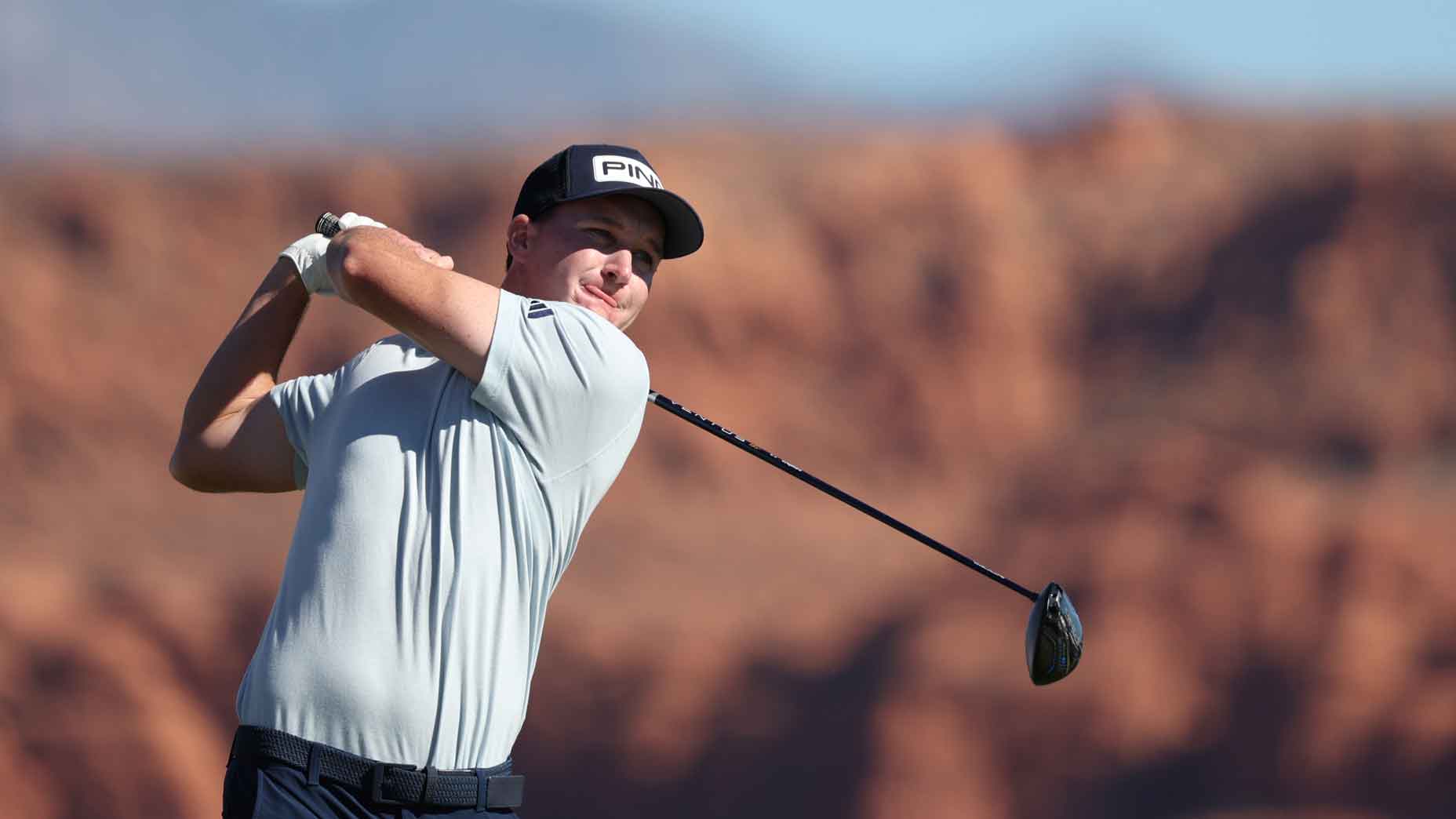 Matt McCarty of the United States plays his shot from the fourth tee during the second round of the Bank of Utah Championship 2025 at Black Desert Resort on October 24, 2025 in St George, Utah.