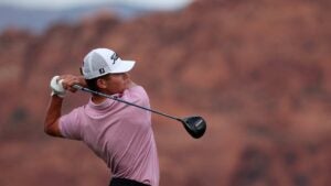 Michael Brennan of the United States plays his shot from the 18th tee during the third round of the Bank of Utah Championship 2025 at Black Desert Resort on October 25, 2025 in St George, Utah.