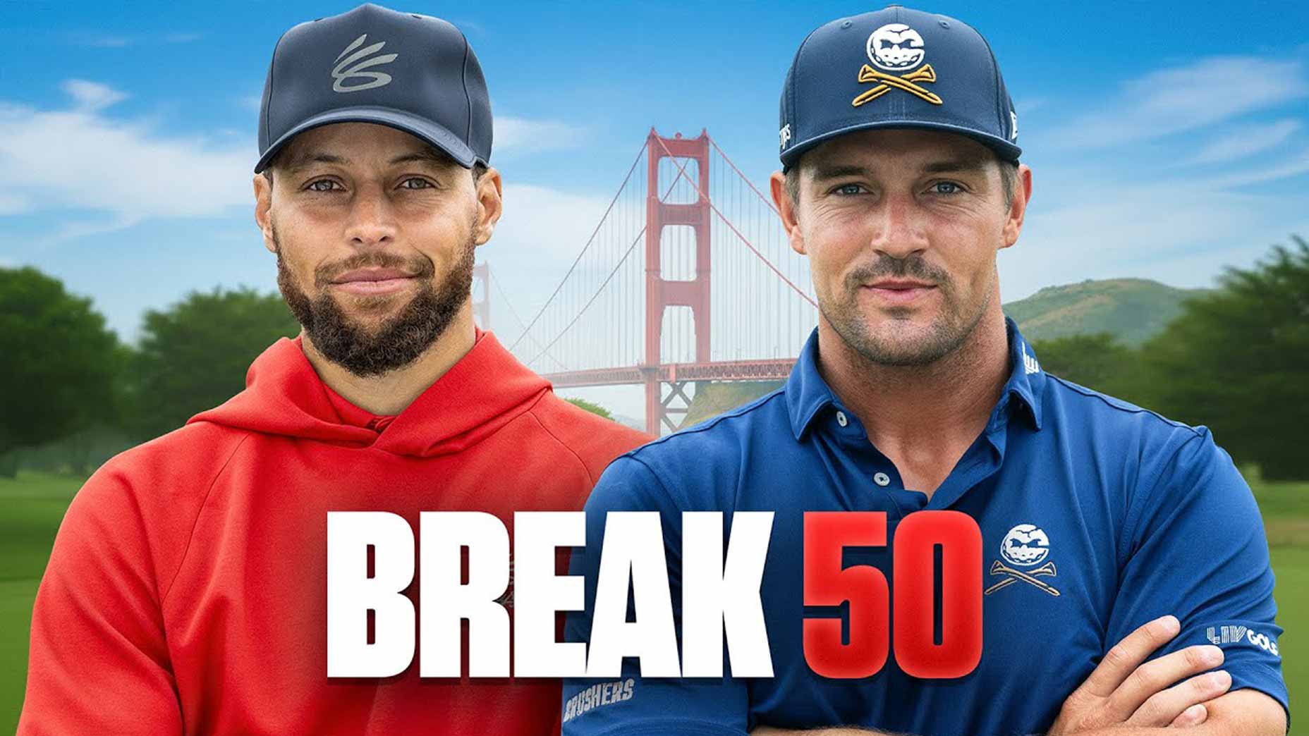 bryson dechambeau steph curry break 50 logo with golden gate bridge in background