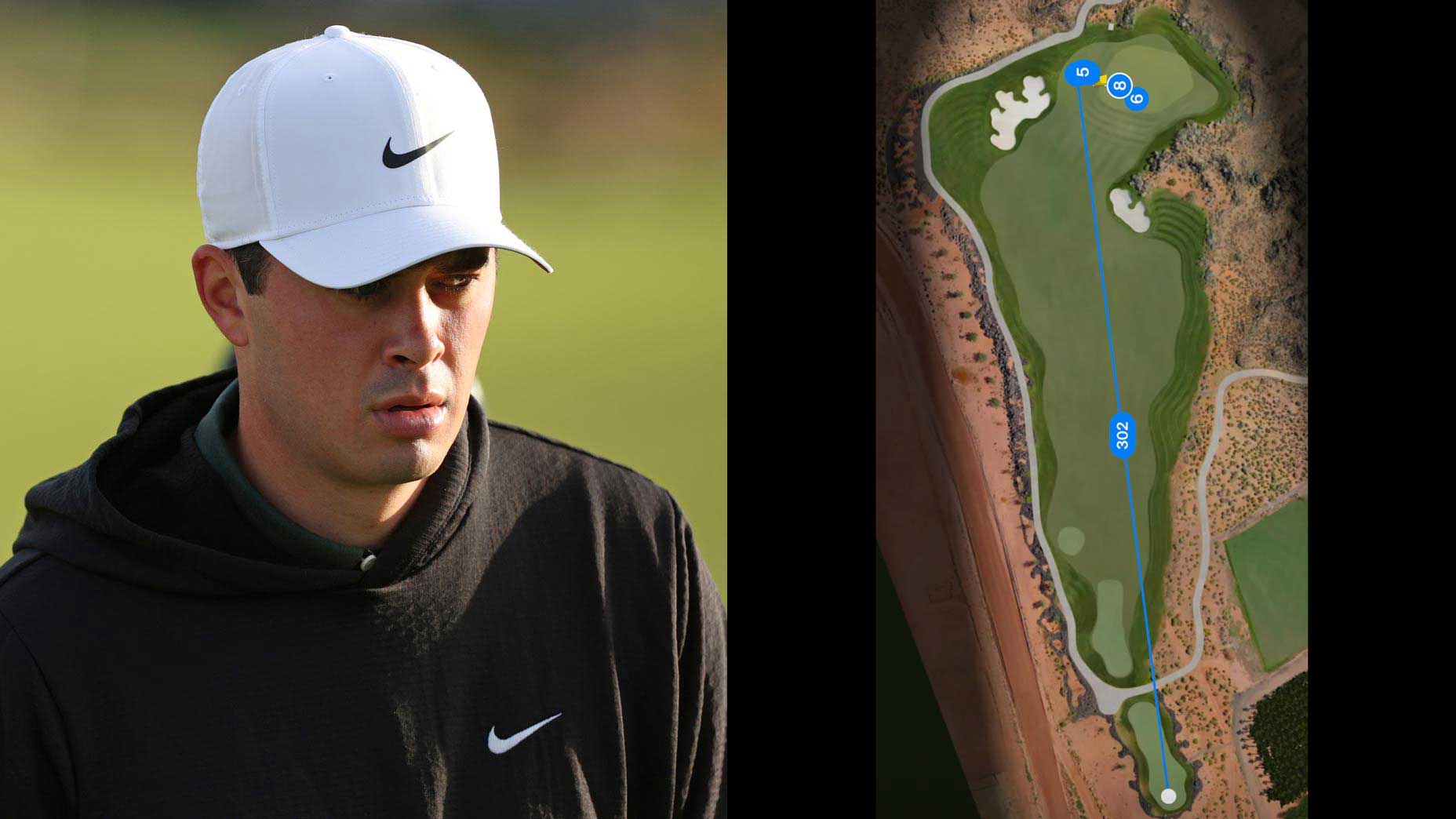 Split image of PGA Tour pro Davis Thompson at the 2025 Bank of Utah Championship and his Shot Tracker results for the 14th hole.