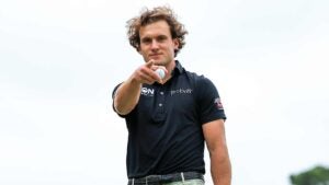 Korn Ferry Tour James Nicholas gestures on the 14th hole during 2025 Visa Argentina Open.
