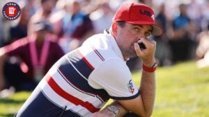 Keegan Bradley looks on during Sunday singles at the 2025 Ryder Cup