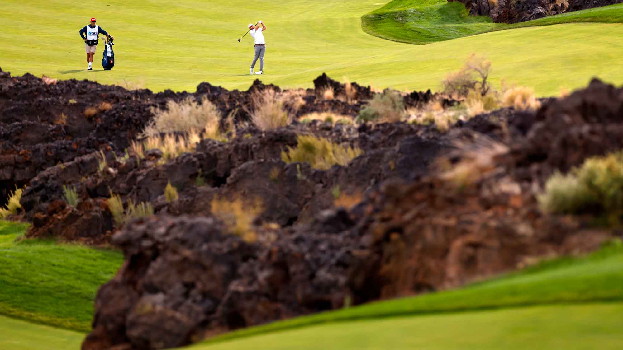 Mark Hubbard of the United States plays a shot on the seventh hole during the first round of the Bank of Utah Championship 2025 at Black Desert Resort