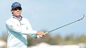 Adam Schenk of the United States plays his shot from the 10th tee during the final round of the Butterfield Bermuda Championship 2025 at Port Royal Golf Course on November 16, 2025 in Southampton, Bermuda.