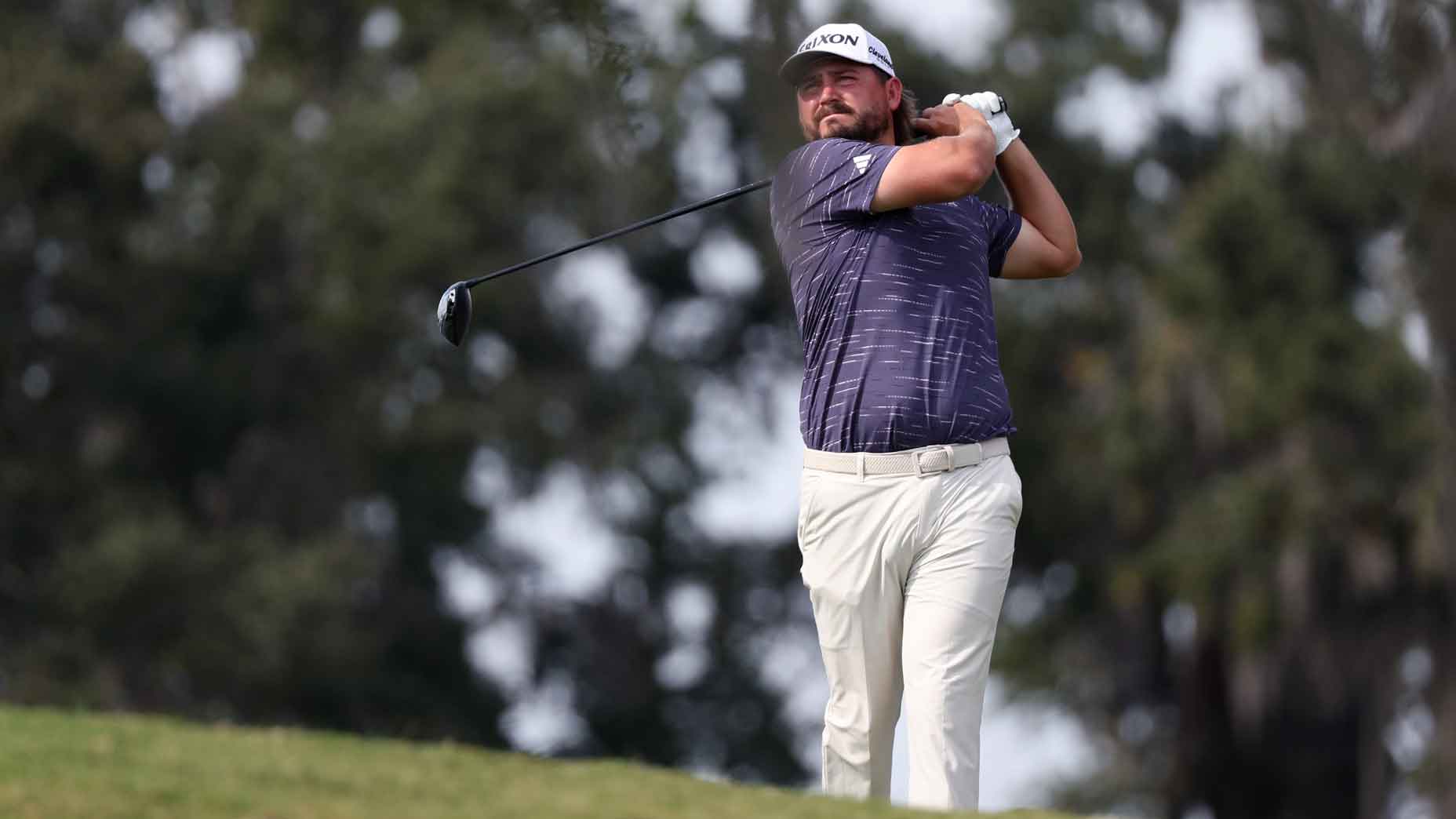 Andrew Novak of the United States plays his shot from the eighth tee during the second round of The RSM Classic 2025 at Sea Island Resort Plantation Course on November 21, 2025 in St Simons Island, Georgia. (Photo by Mike Mulholland/Getty Images)