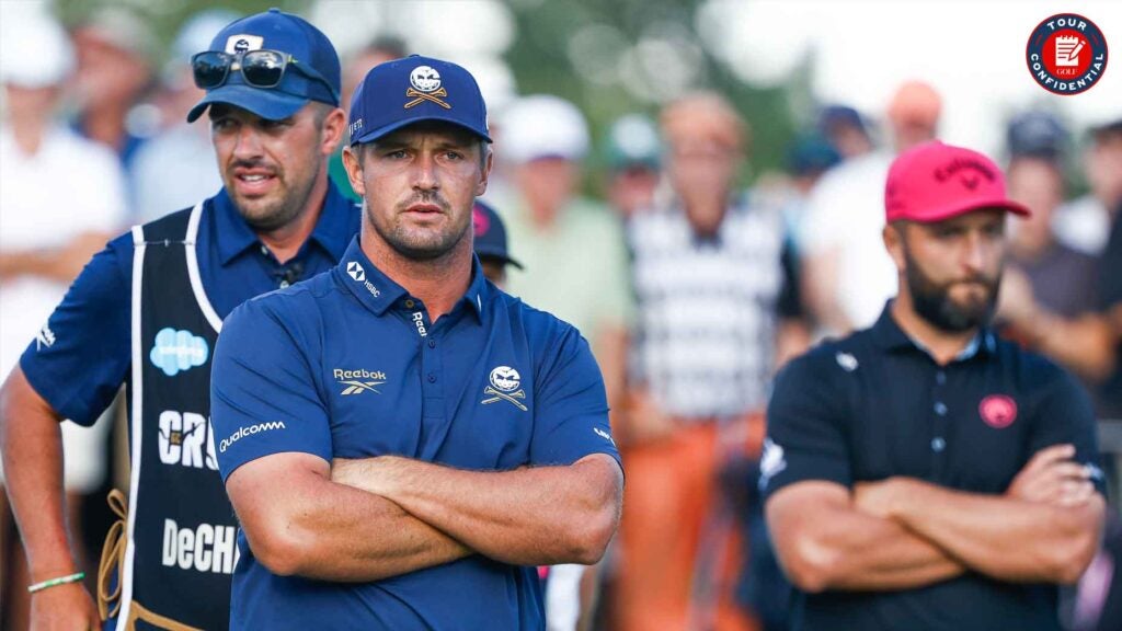 Bryson DeChambeau and Jon Rahm look on during LIV Michigan