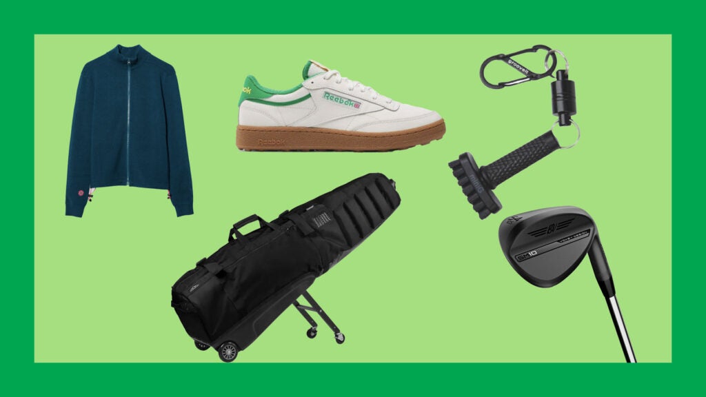 five golf products on green background