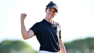 Linn Grant reacts to her winning putt at the Annika