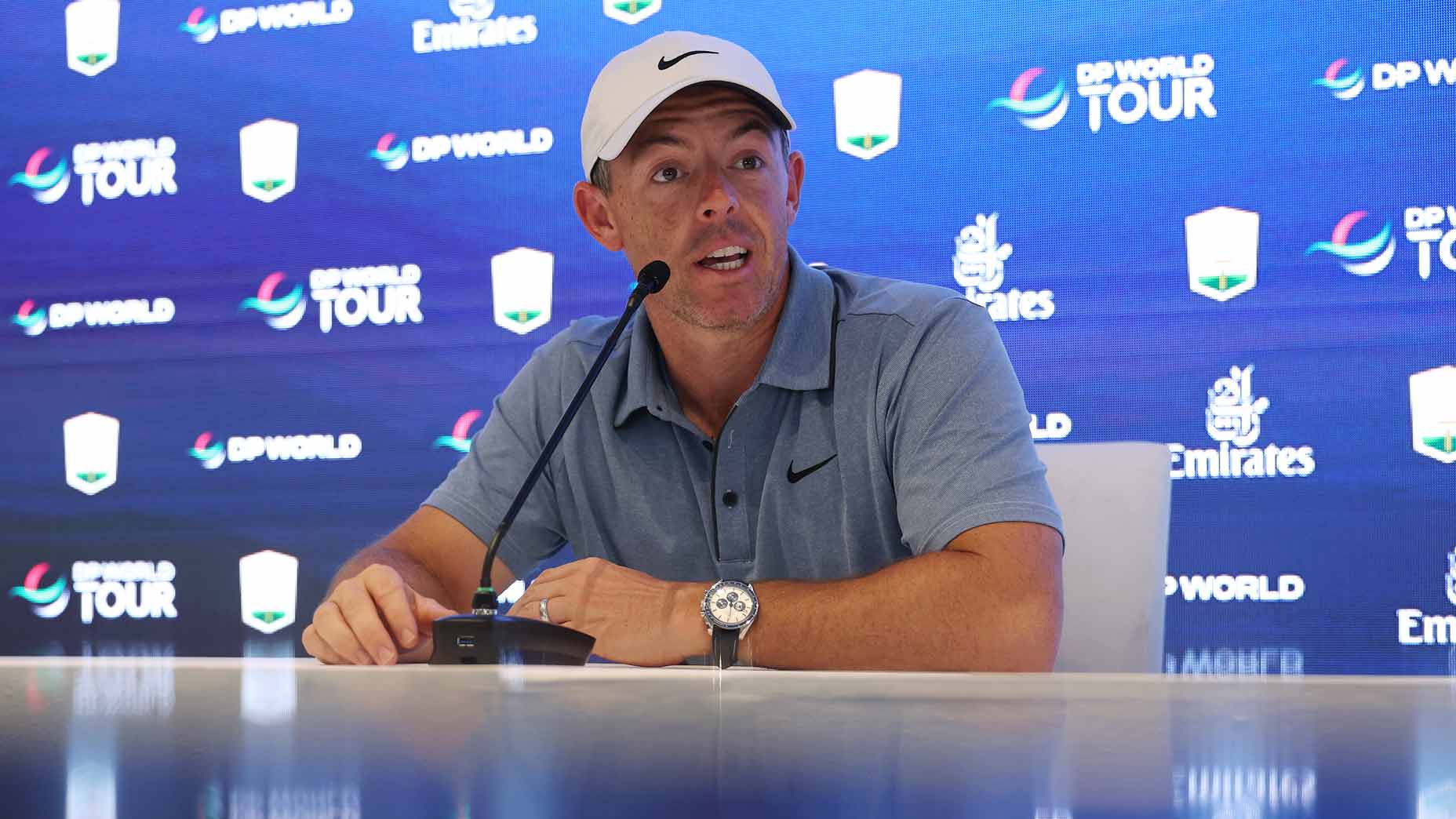 Rory McIlroy speaks to media about the Rory McIlroy Award at the 2025 DP World Tour Championship.