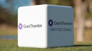 A 2025 Grant Thornton Invitational tee marker at Tiburon Golf Club.