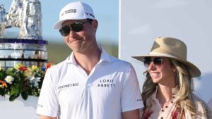 Ben Griffin celebrates with wife Dana Myeroff after winning 2025 World Wide Technology Championship at Tiger Woods course.