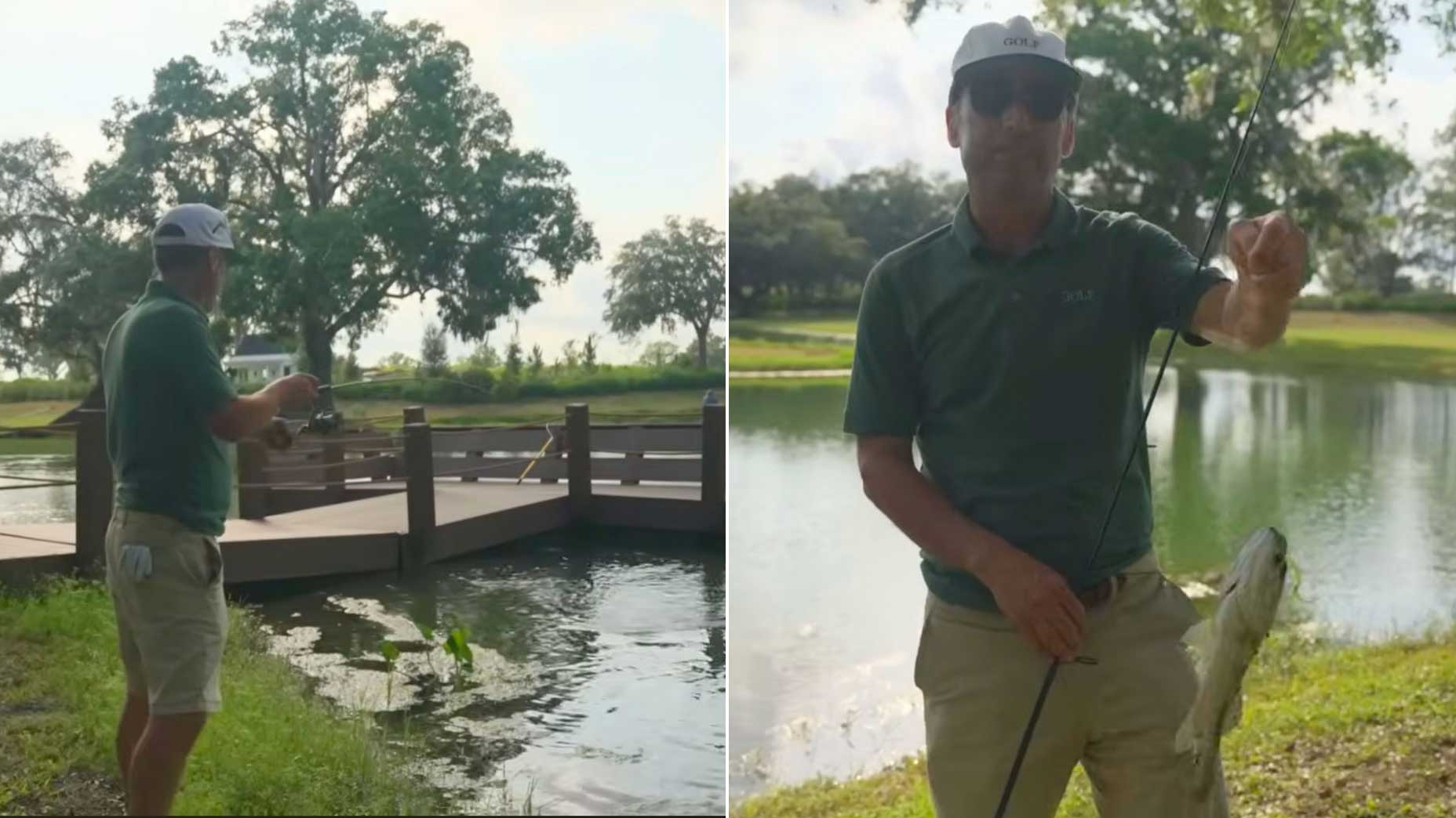 GOLF writer Josh Sens fishing for bass at Cabot Citrus Farms in Florida.