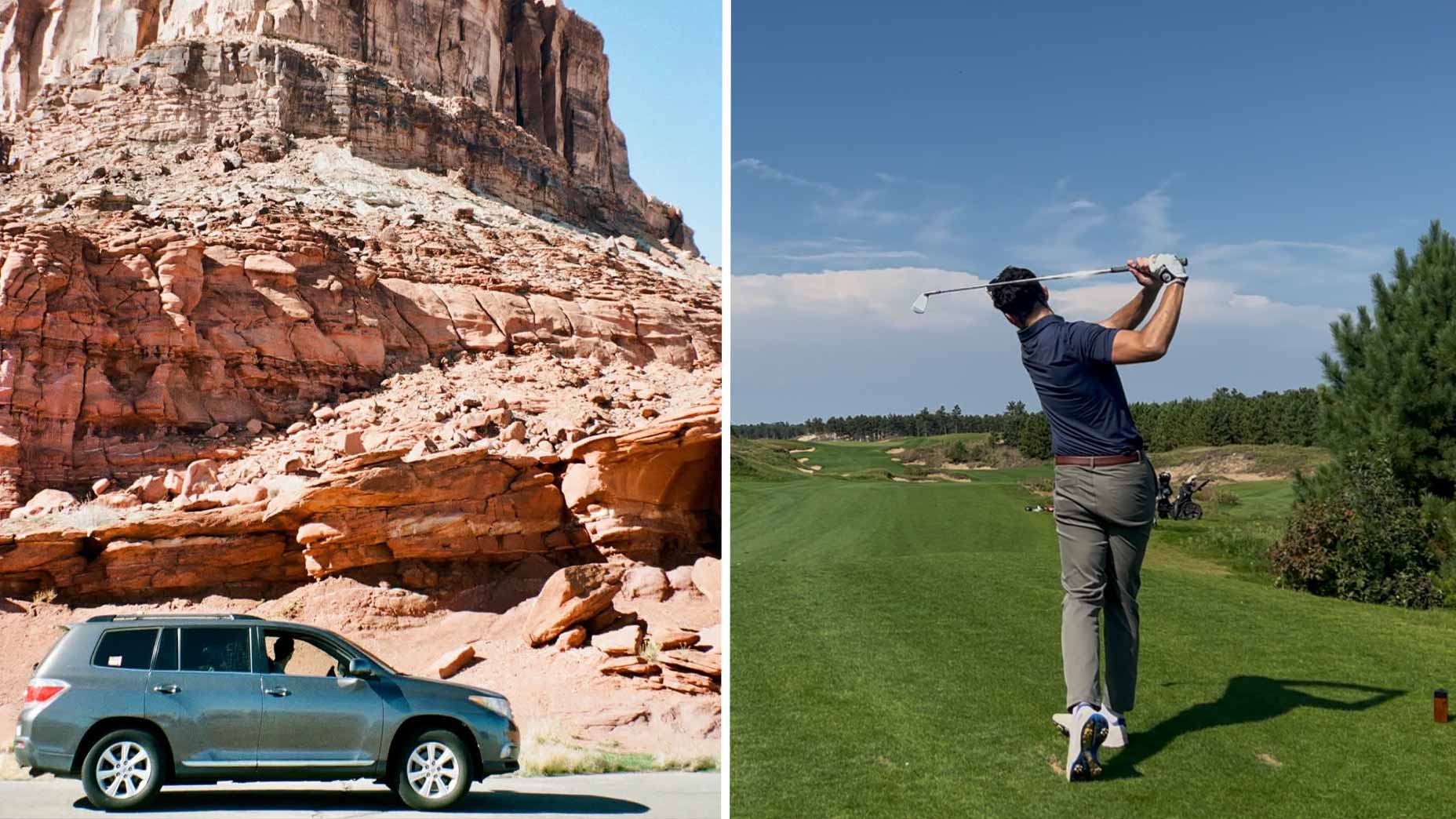 a car sits in front of a rock formation in utah; a golfer reaches his followthrough