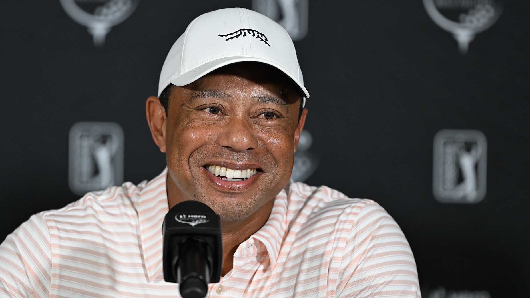 Tiger Woods speaks to the media at the Hero World Challenge in the Bahamas on Tuesday.