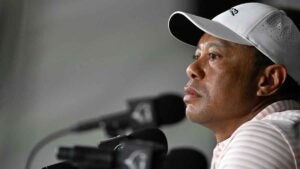 Tiger Woods speaks to the media at the Hero World Challenge in the Bahamas on Tuesday.