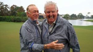Miguel Angel Jimenez and Colin Montgomerie of Team Europe celebrate winning the Skechers World Champions Cup supporting Shriners Children's 2025 at Feather Sound Country Club
