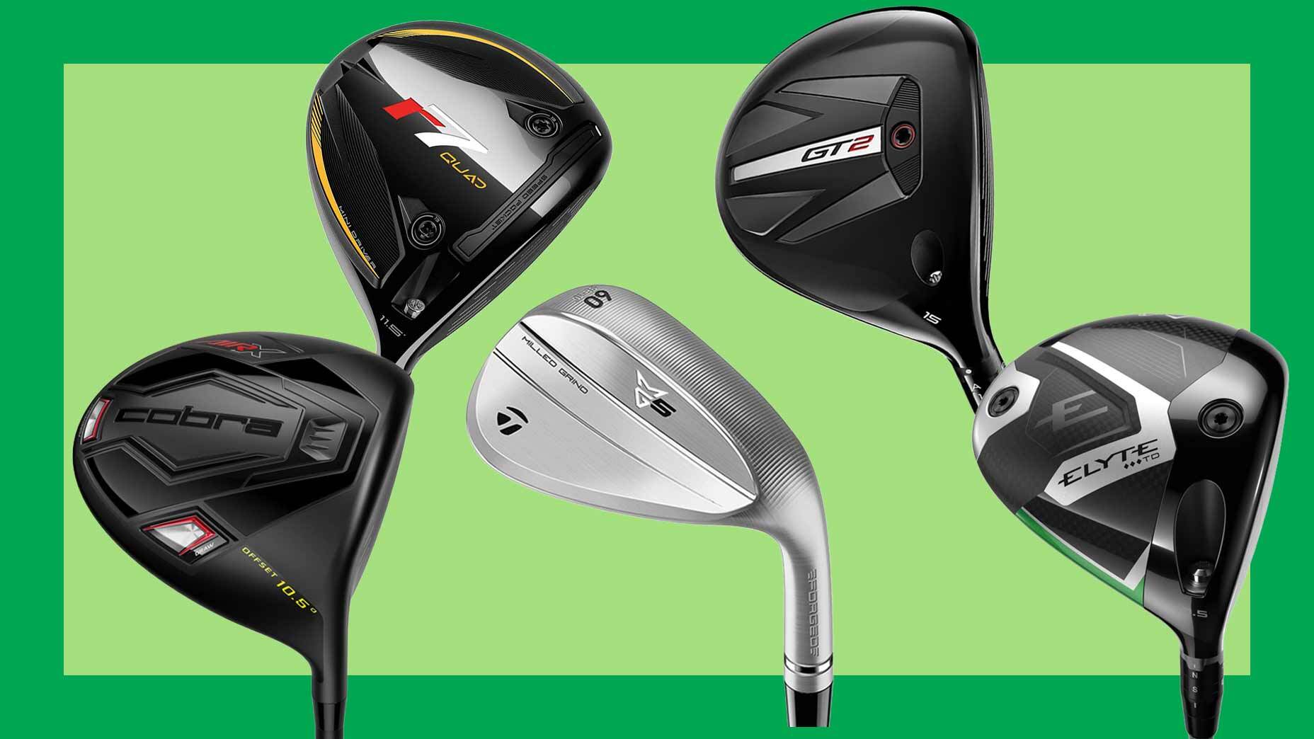 five golf clubs on green background