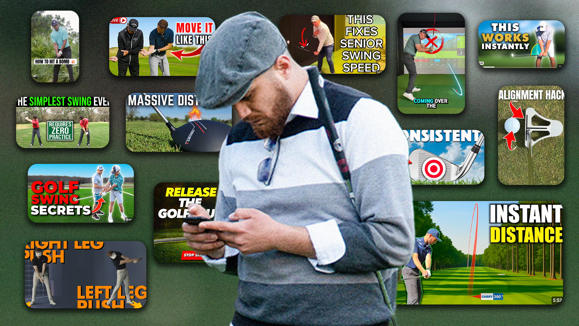 golfer looks at phone in front of background littered with social media thumbnails