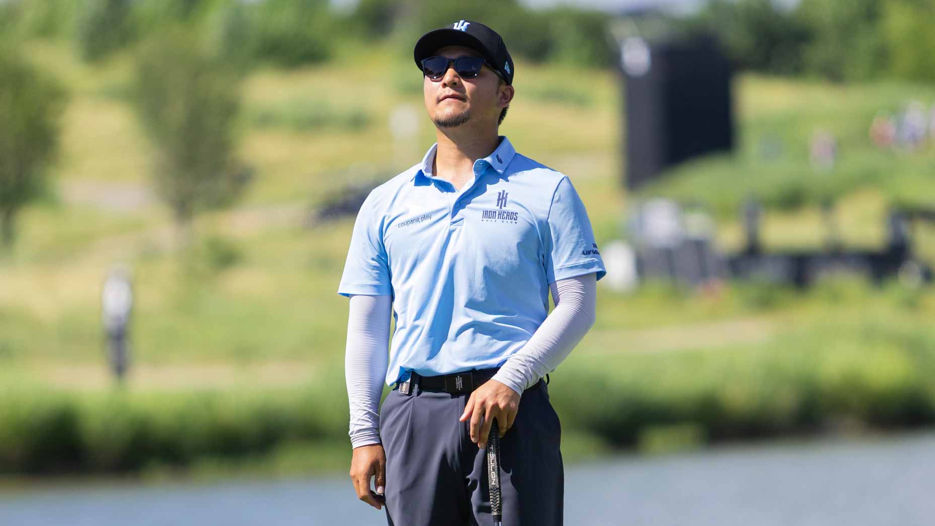 LIV Golf pro Jinichiro Kozuma reacts missing putt at the 2025 LIV Golf Dallas event.