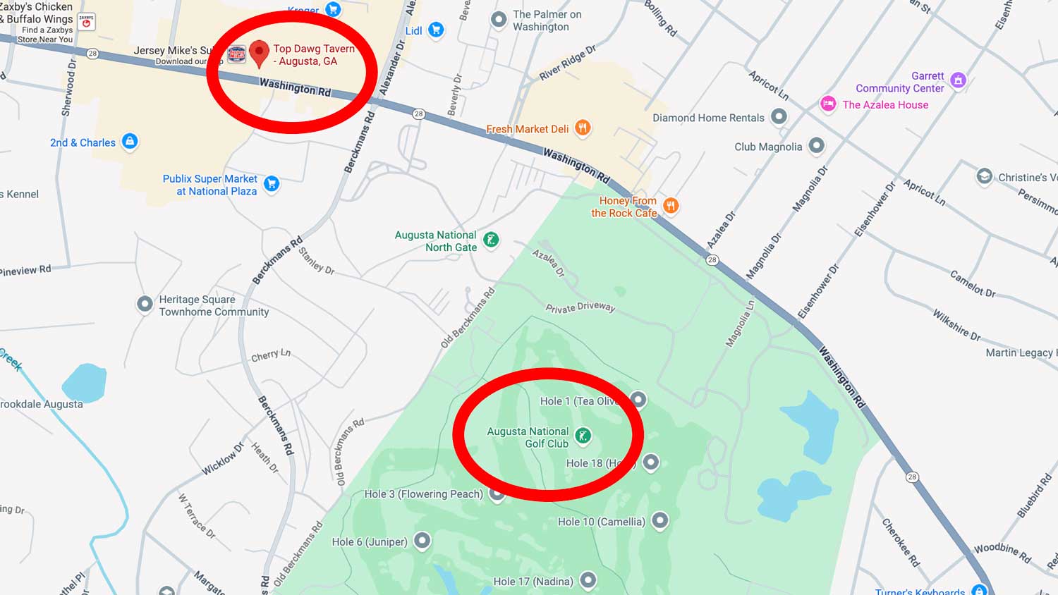 Map of Augusta, Ga., including Augusta National Golf Club and Top Dawg Tavern.