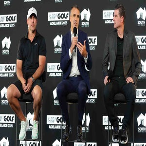Brooks Koepka, LIV Golf CEO Scott O'Neil and Peter Malinauskas talk at a press conference at LIV Adelaide