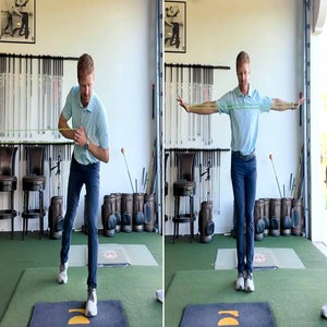 golfer in blue shirt does exercises with resistance band