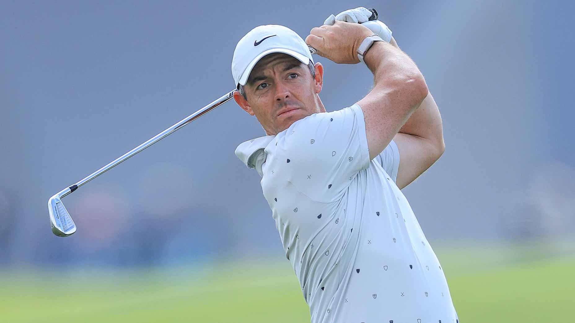 Rory McIlroy plays a shot during the 2026 Dubai Invitational.
