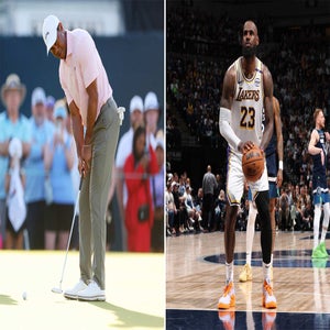 tiger woods hits putt on putting green / ;ebron james stands at free throw line