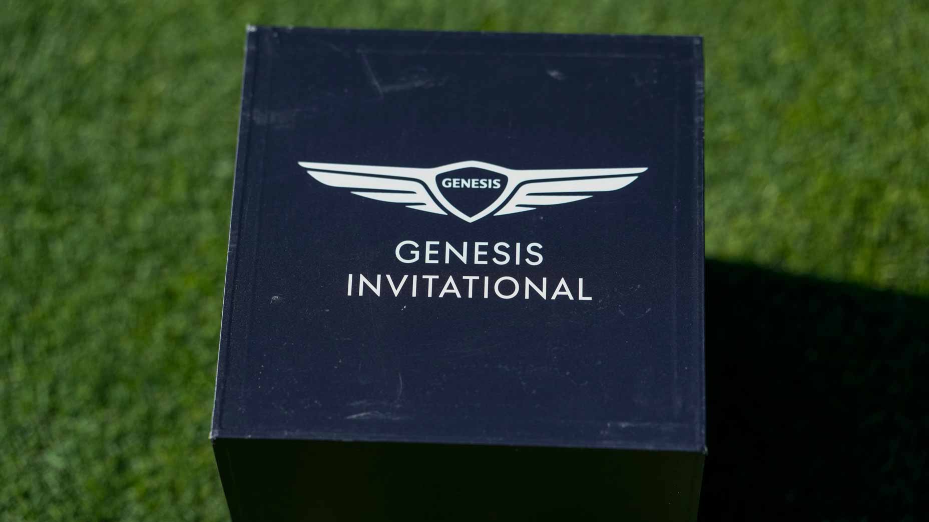 2026 Genesis Invitational tee marker on the 15th hole at Riviera.