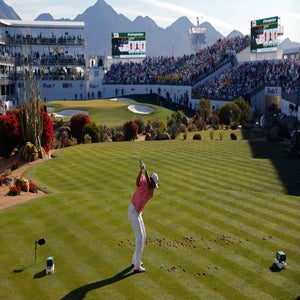 Hideki Matsuyama of Japan plays his shot from the 16th tee during the second round of the WM Phoenix Open 2026 at TPC Scottsdale on February 06, 2026 in Scottsdale, Arizona. (Photo by Justin Edmonds/Getty Images)