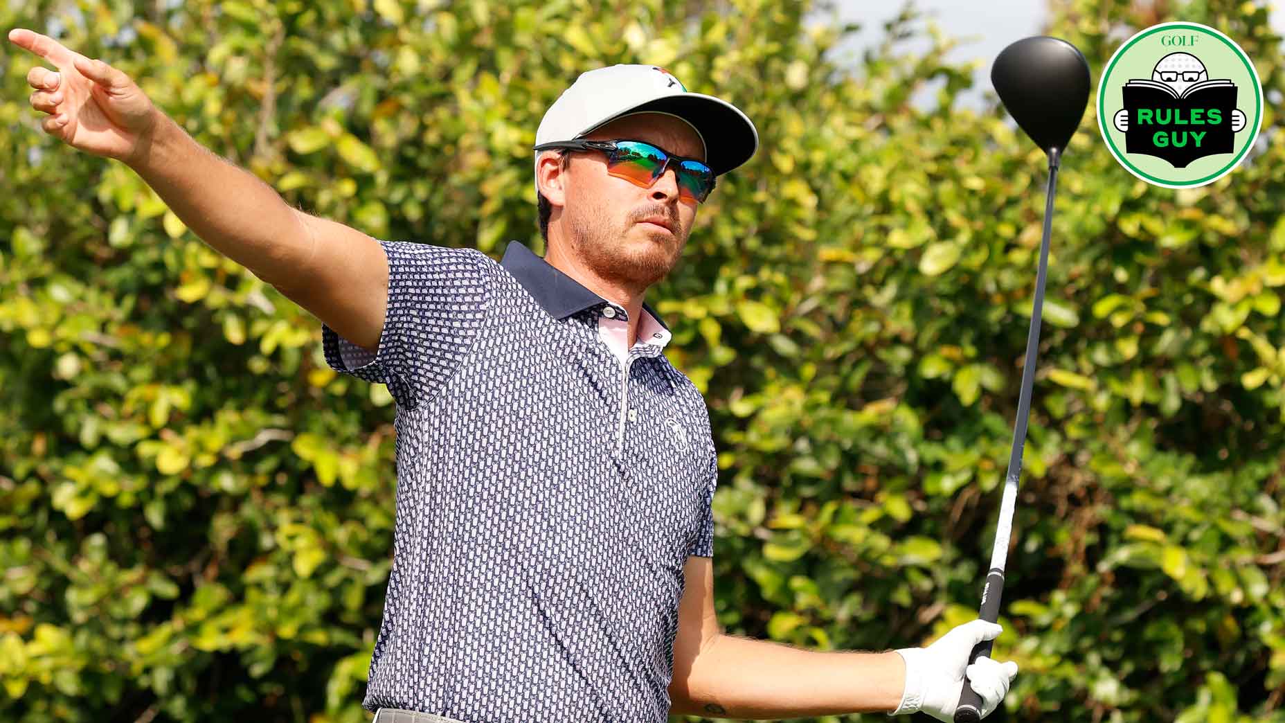 PGA golfer Rickie Fowler points as his tee shot went to the right on the 9th hole during the Arnold Palmer Invitational presented by MasterCard at the Arnold Palmer's Bay Hill Club & Lodge on March 8, 2024, in Orlando, Florida. (Photo by Brian Spurlock/Icon Sportswire via Getty Images)