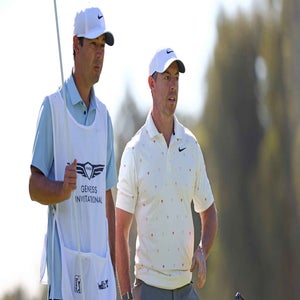 Rory McIlroy of Northern Ireland and caddie Harry Diamond prepare to putt on the 11th green during the third round of The Genesis Invitational 2026 at Riviera Country Club on February 21, 2026 in Pacific Palisades, California. (Photo by Mike Mulholland/Getty Images)