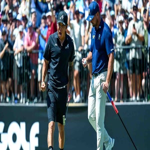 Anthony Kim celebrates a made putt at LIV Golf Adelaide