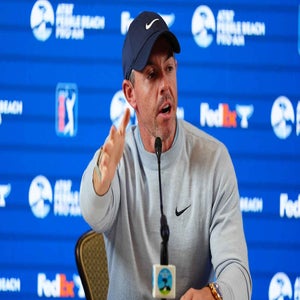 Rory McIlroy speaks at 2026 AT&T Pebble beach pro-am press conference in grey shirt and black hat