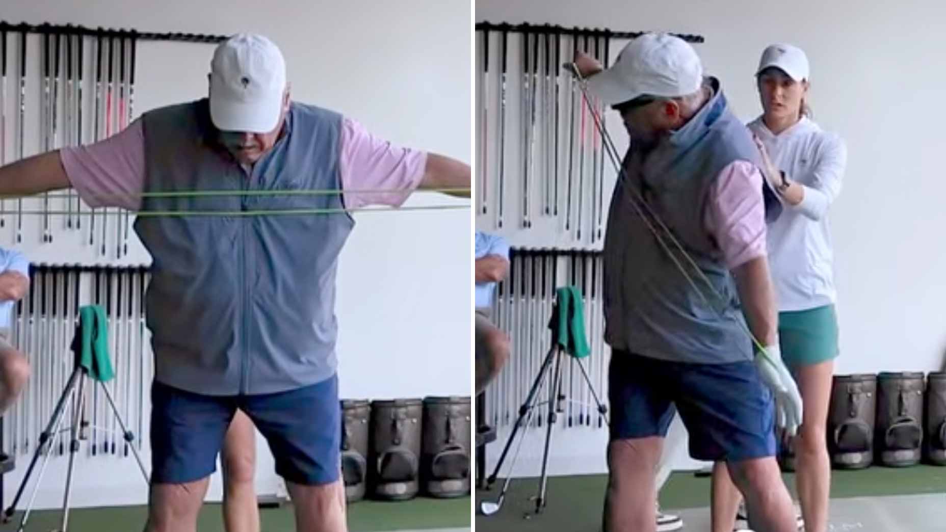 golfer in grey vest and pink shirt holds resistance band taut across his chest and turns