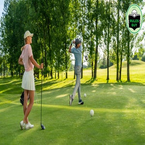 A mid-adult Caucasian golf coach guiding a young Caucasian female on the tee box, surrounded by lush greenery. The young golfer is attentive, learning the techniques with focus and enthusiasm as they enjoy the serene environment.