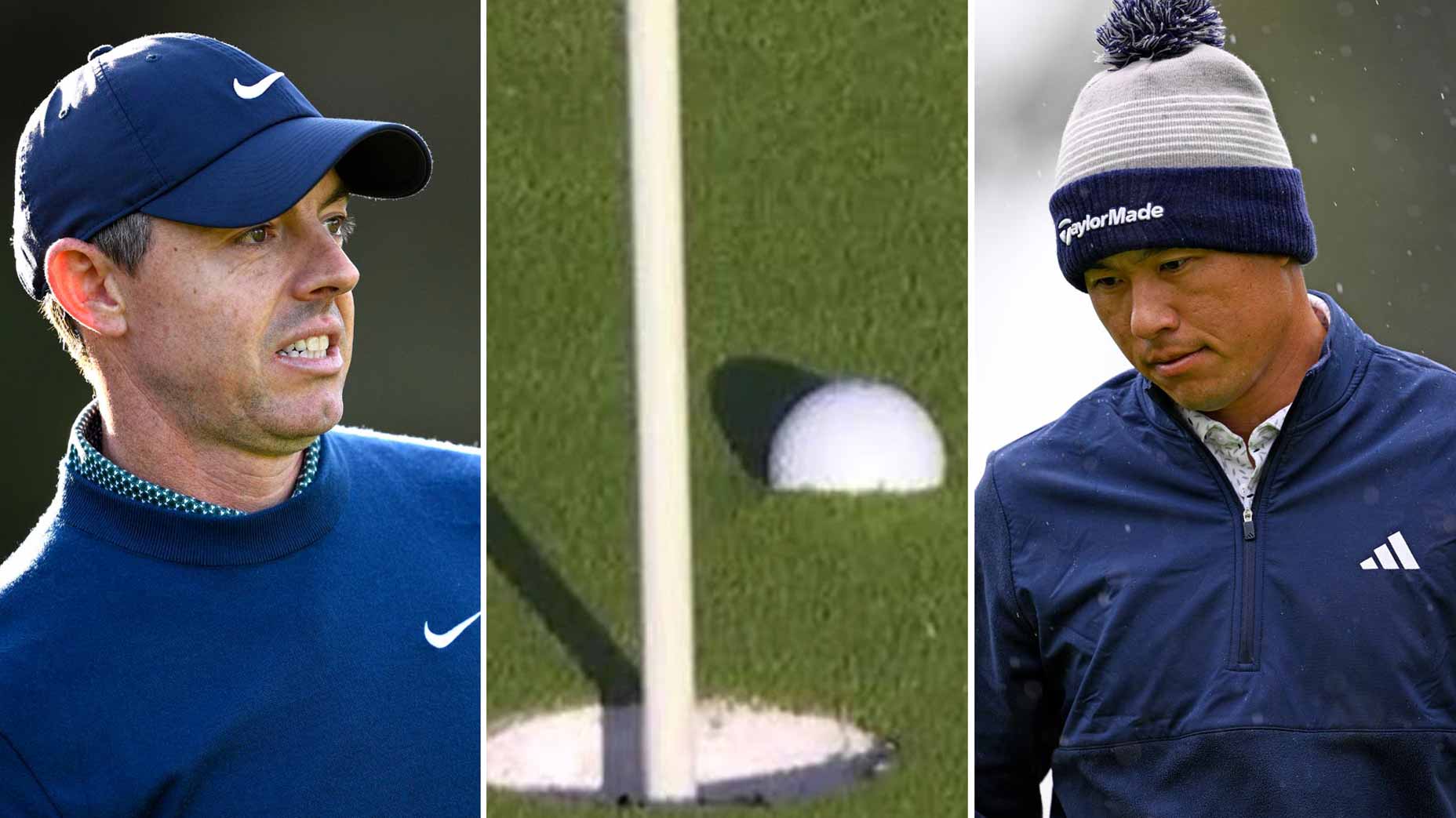 Three images of Rory Mcilroy at 2026 Genesis Invitational, Adam Scott's embedded ball on Riviera green and Collin Morikawa at Riviera.