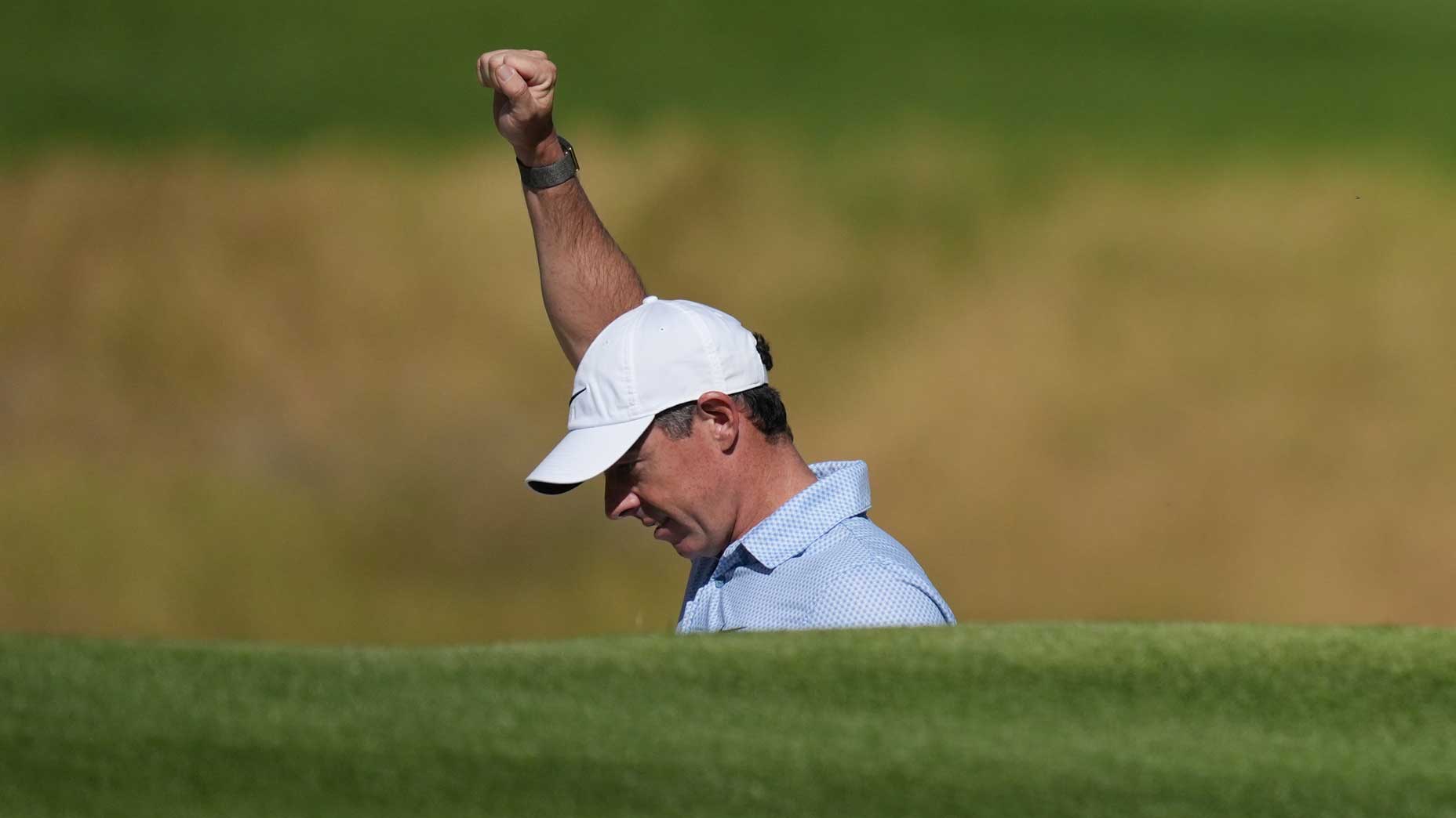 Rory McIlroy celebrates bunker hole-out on Sunday at the 2026 Genesis Invitational at Riviera.