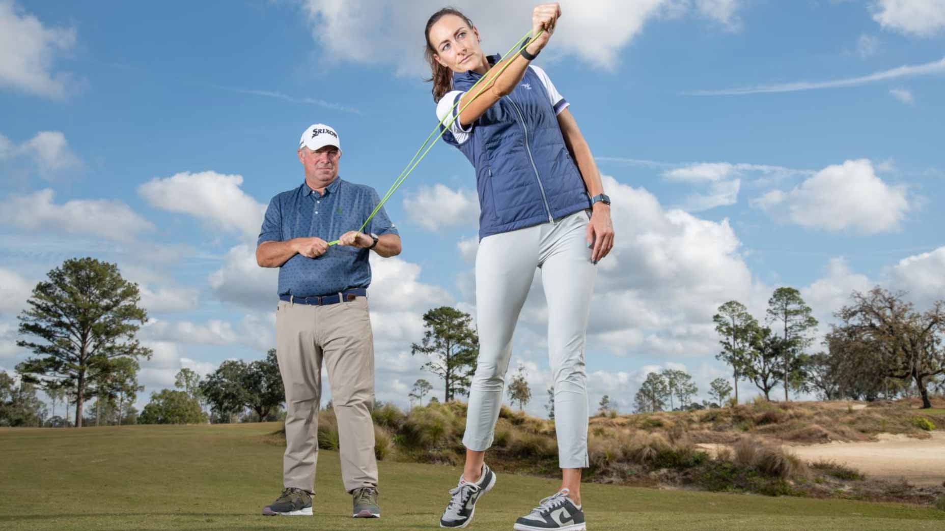 tony ruggiero teaches morgan hale how to do golf exercise