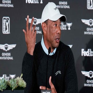 Tiger Woods answers questions at the Genesis Invitational