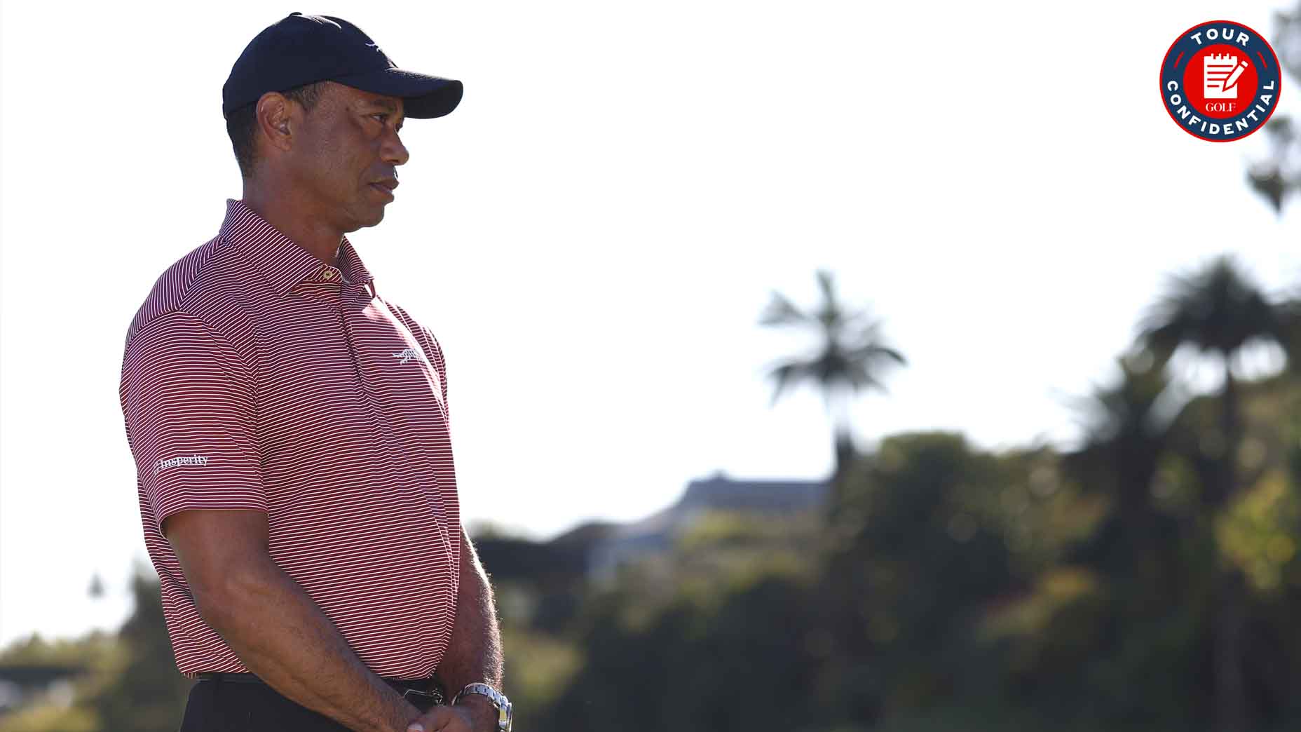 Tiger Woods looks on at the Genesis Invitational