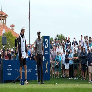 2026 Players Championship Friday TV: Sahith Theegala talks with his caddie at TPC Sawgrass.