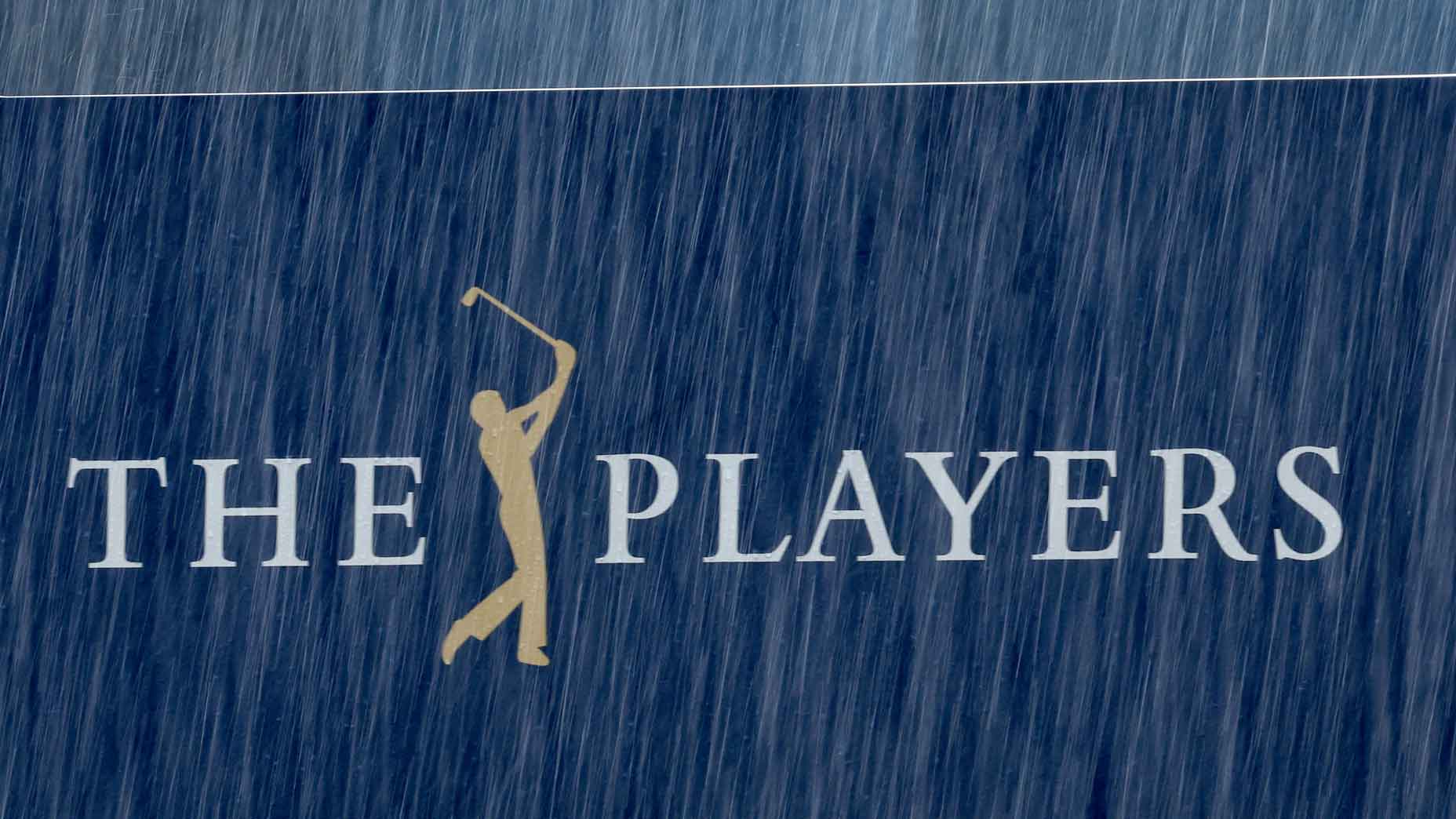 2026 Players Championship weather forecast: Rain pictured against a tournament sign at TPC Sawgrass.