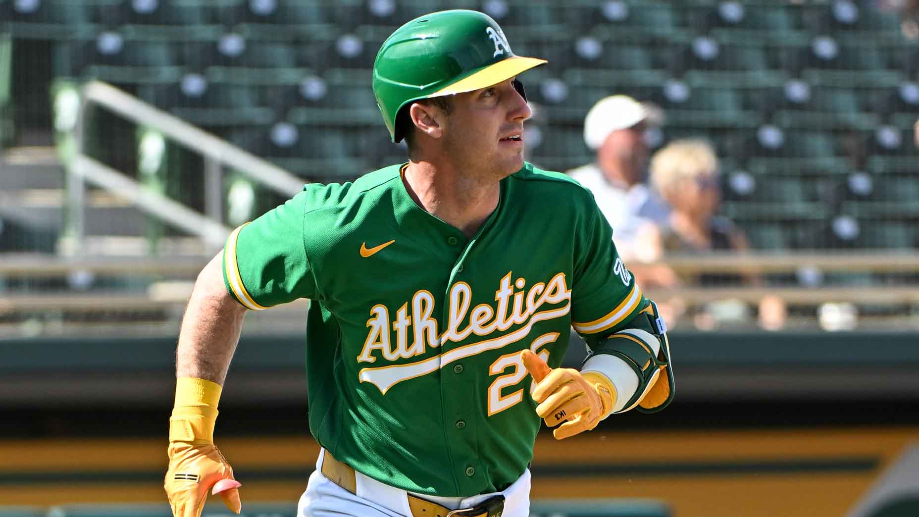 Brent Rooker #25 of the Athletics runs the bases after hitting a two-run home runduring the second inning of a spring training game against the Texas Rangers at Hohokam Stadium on February 26, 2026 in Mesa, Arizona. (Photo by David Durochik/Diamond Images via Getty Images)