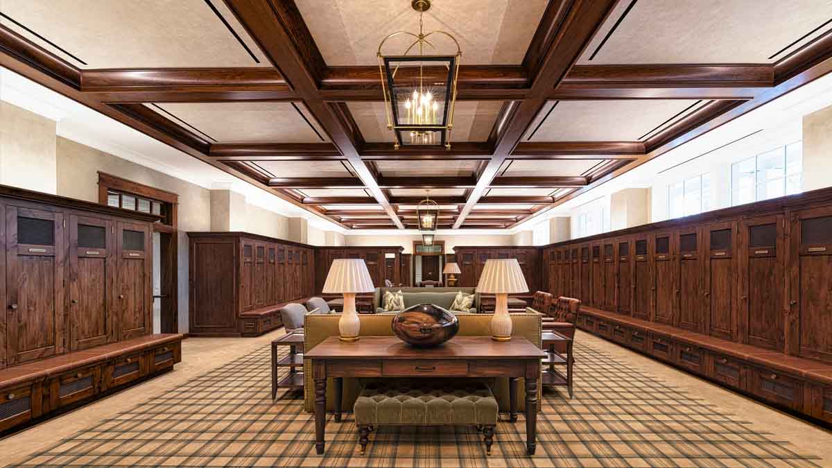 Player locker room in the Player Services Building at Augusta National