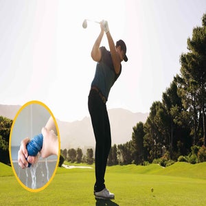 Golfer swinging with a picture of a person wringing a towel