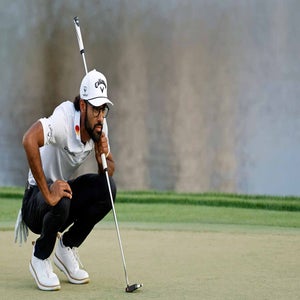 Akshay Bhatia of United States of America lines up a putt at the 18th hole during the final round of the Arnold Palmer Invitational presented by Mastercard 2026 at Arnold Palmer Bay Hill Golf Course on March 08, 2026 in Orlando, Florida. (Photo by Joe Robbins/Icon Sportswire via Getty Images)