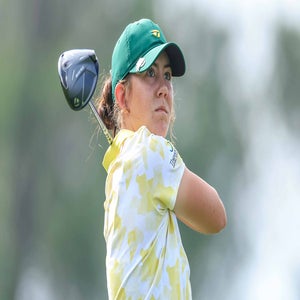 Asterisk Talley hits drive during the Augusta National Women's Amateur at Augusta National.