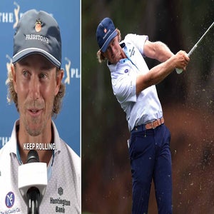 Austin Smotherman, whose wife is expecting a child, plays shot during 2026 Players Championship.